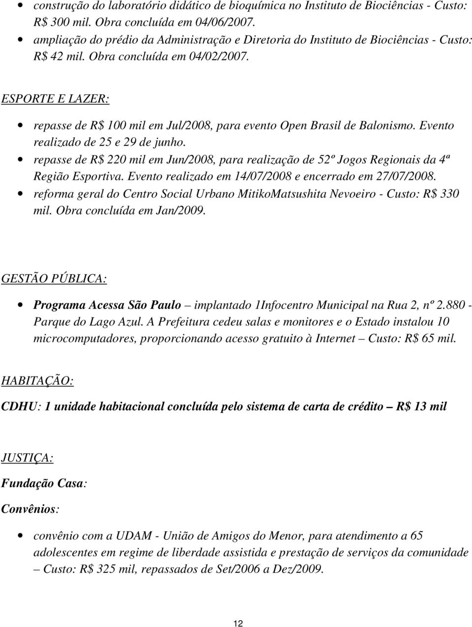 ESPORTE E LAZER: repasse de R$ 100 mil em Jul/2008, para evento Open Brasil de Balonismo. Evento realizado de 25 e 29 de junho.