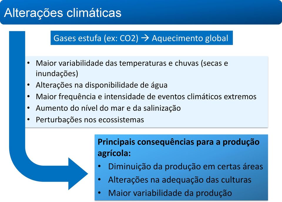 extremos Aumento do nível do mar e da salinização Perturbações nos ecossistemas Principais consequências para a