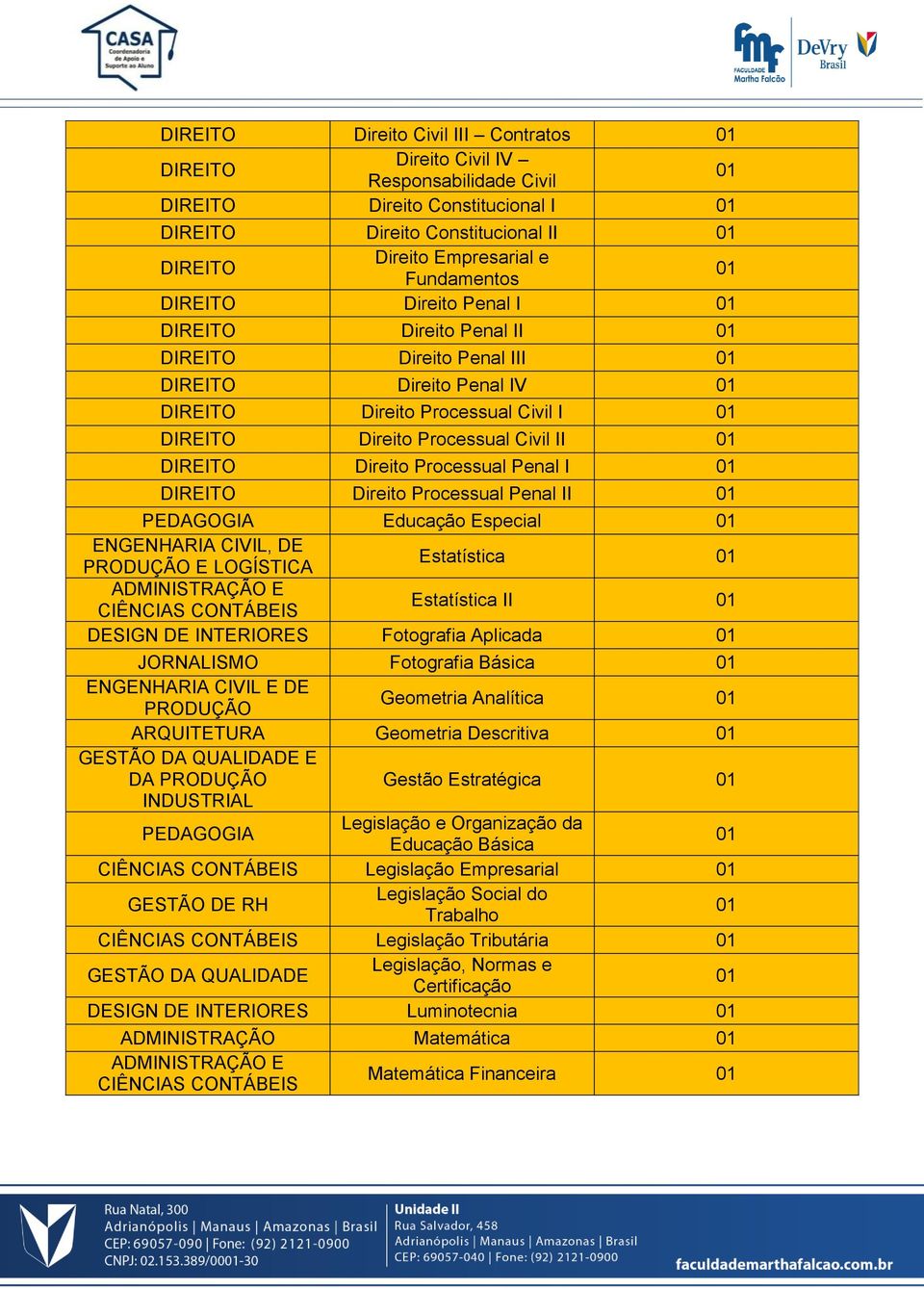 Penal I DIREITO Direito Processual Penal II PEDAGOGIA Educação Especial ENGENHARIA CIVIL, DE E LOGÍSTICA Estatística ADMINISTRAÇÃO E Estatística II DESIGN DE INTERIORES Fotografia Aplicada JORNALISMO