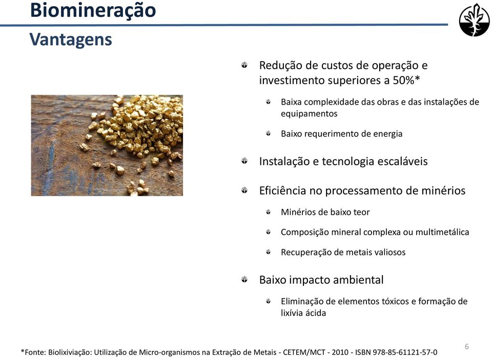 teor Composição mineral complexa ou multimetálica Recuperação de metais valiosos Baixo impacto ambiental Eliminação de elementos tóxicos e