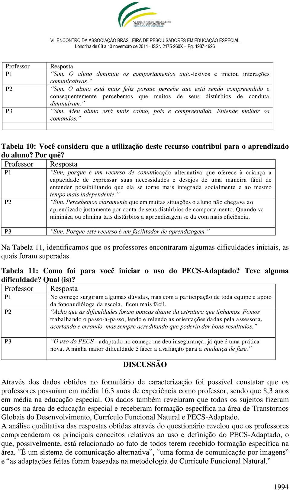 Meu aluno está mais calmo, pois é compreendido. Entende melhor os comandos. Tabela 10: Você considera que a utilização deste recurso contribui para o aprendizado do aluno? Por quê?