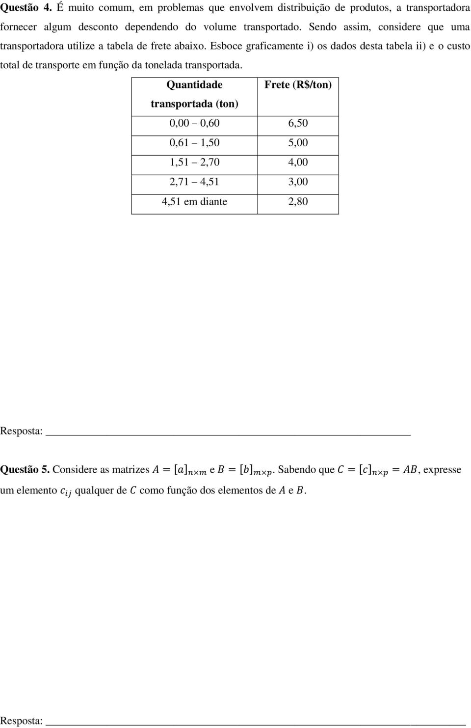 Esboce graficamente i) os dados desta tabela ii) e o custo total de transporte em função da tonelada transportada.