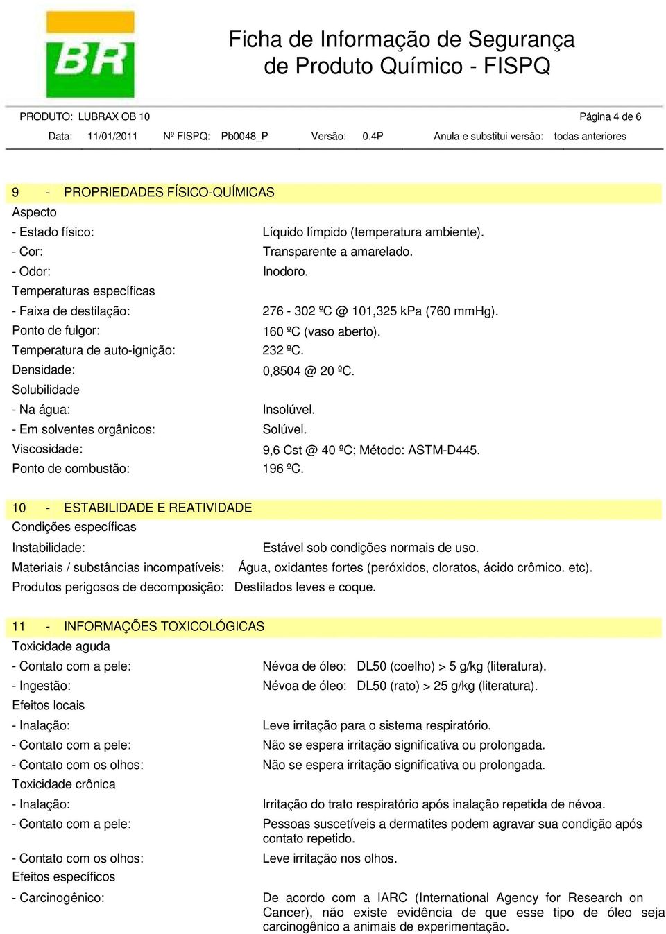 Solubilidade - Na água: Insolúvel. - Em solventes orgânicos: Solúvel. Viscosidade: 9,6 Cst @ 40 ºC; Método: ASTM-D445. Ponto de combustão: 196 ºC.