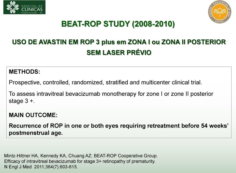 To assess intravitreal bevacizumab monotherapy for zone I or zone II posterior stage 3 +.