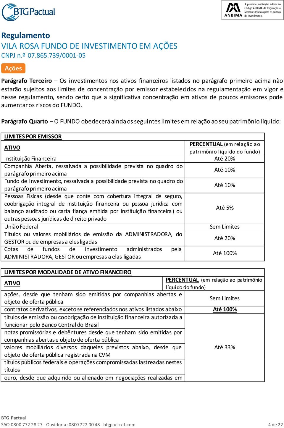 Parágrafo Quarto O FUNDO obedecerá ainda os seguintes limites em relação ao seu patrimônio líquido: LIMITES POR EMISSOR ATIVO PERCENTUAL (em relação ao patrimônio líquido do fundo) Instituição