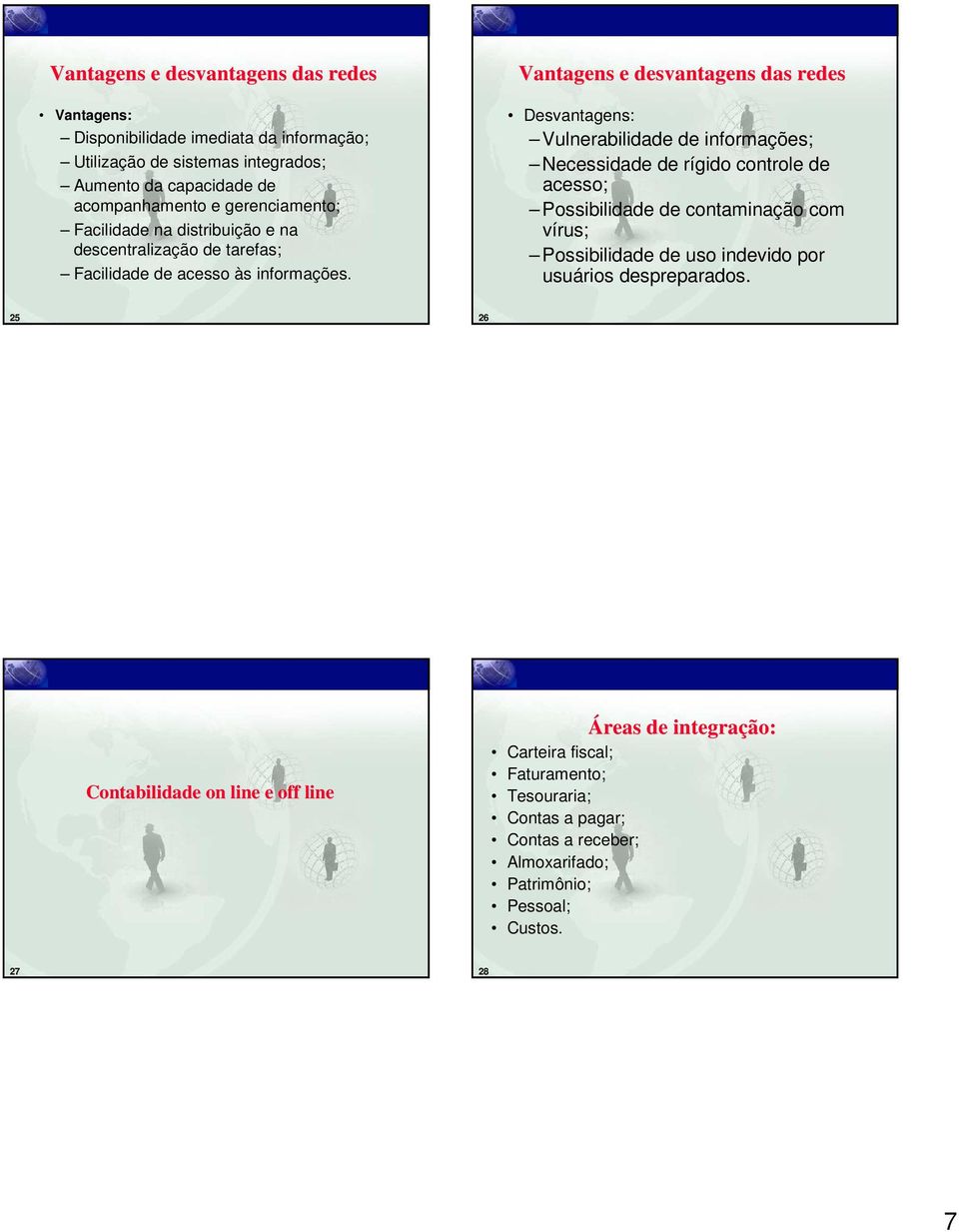 Vantagens e desvantagens das redes Desvantagens: Vulnerabilidade de informações; Necessidade de rígido controle de acesso; Possibilidade de contaminação com vírus;