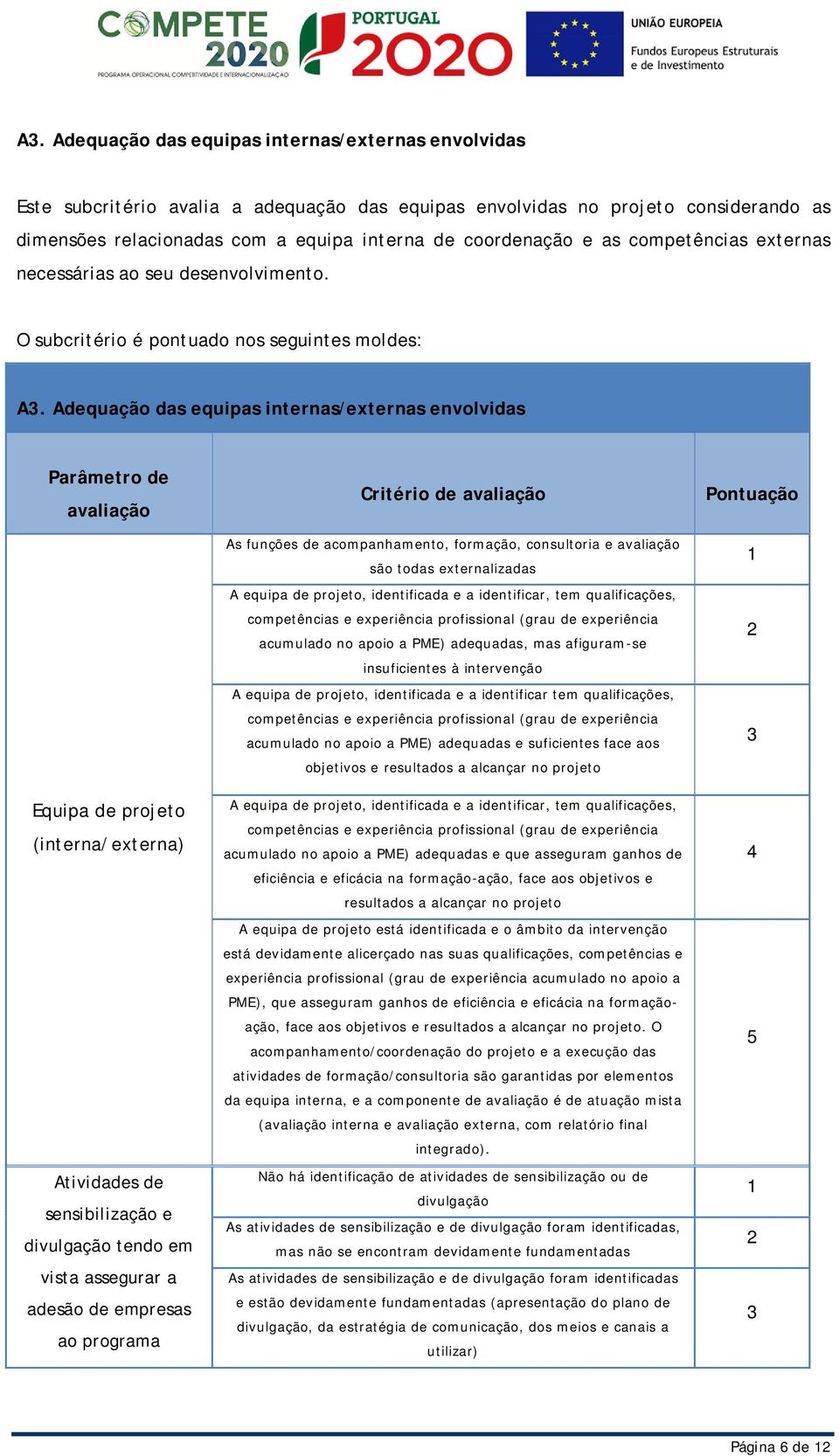 Adequação das equipas internas/externas envolvidas Equipa de projeto (interna/externa) Atividades de sensibilização e divulgação tendo em vista assegurar a adesão de empresas ao programa Critério de