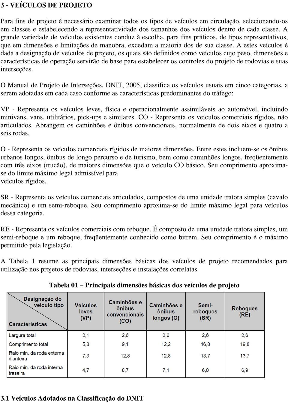 A grande variedade de veículos existentes conduz à escolha, para fins práticos, de tipos representativos, que em dimensões e limitações de manobra, excedam a maioria dos de sua classe.