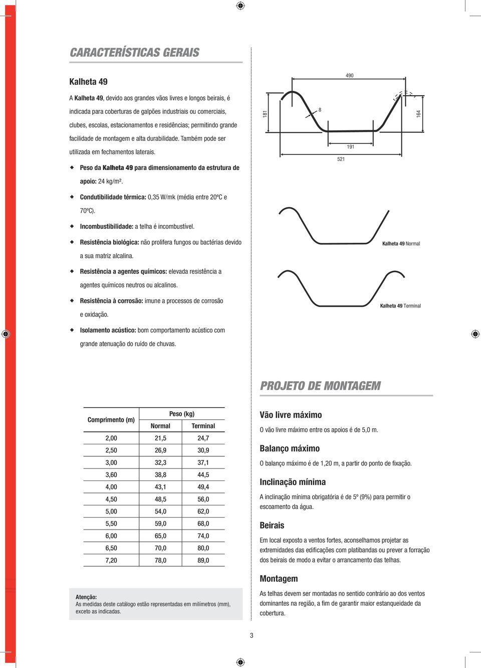 Peso da Kalheta 49 para dimensionamento da estrutura de 521 191 apoio: 24 kg/m². Condutibilidade térmica: 0,35 W/mk (média entre 20ºC e 70ºC). Incombustibilidade: a telha é incombustível.