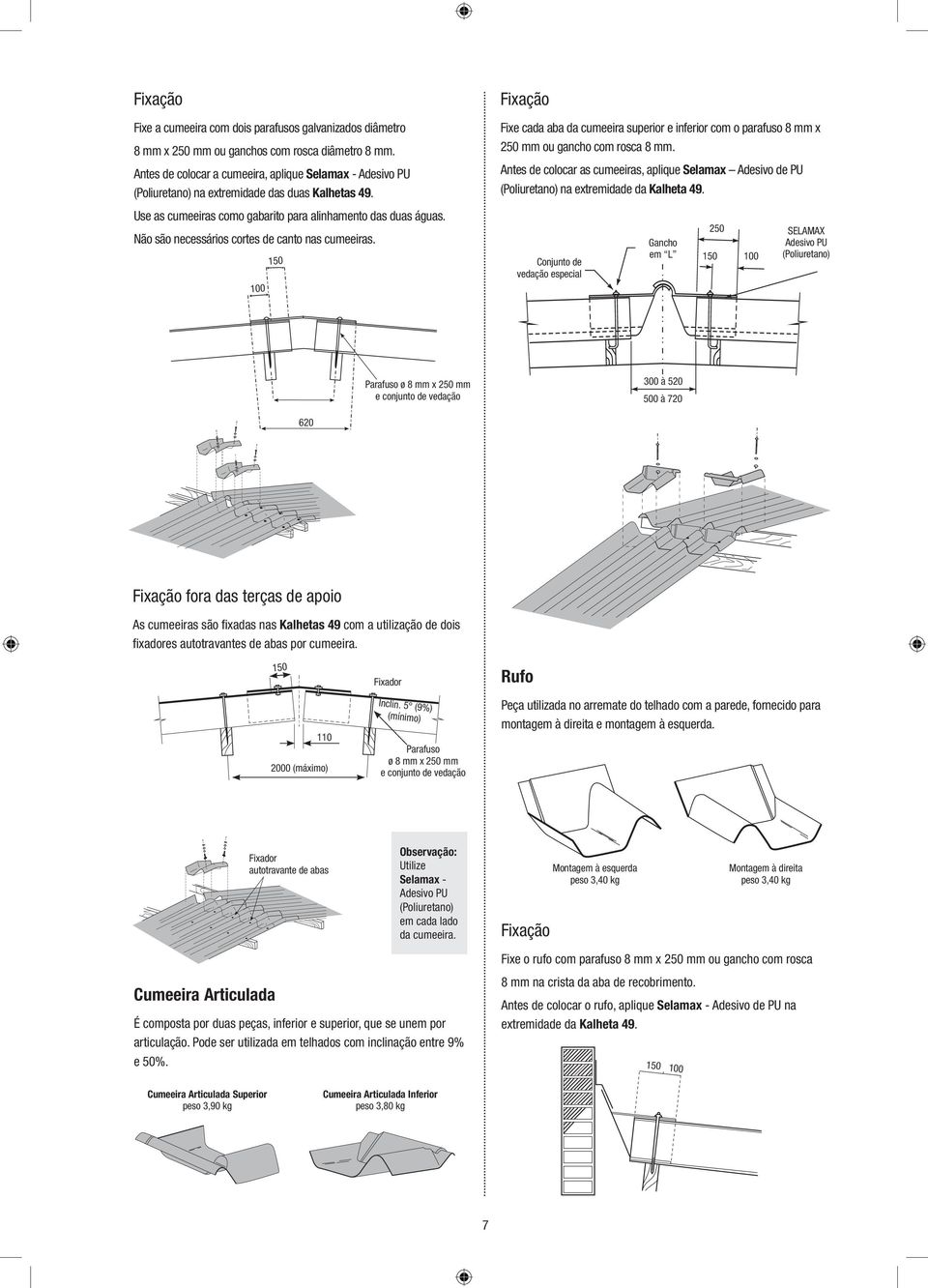 Não são necessários cortes de canto nas cumeeiras. 100 150 Fixação Fixe cada aba da cumeeira superior e inferior com o parafuso 8 mm x 250 mm ou gancho com rosca 8 mm.