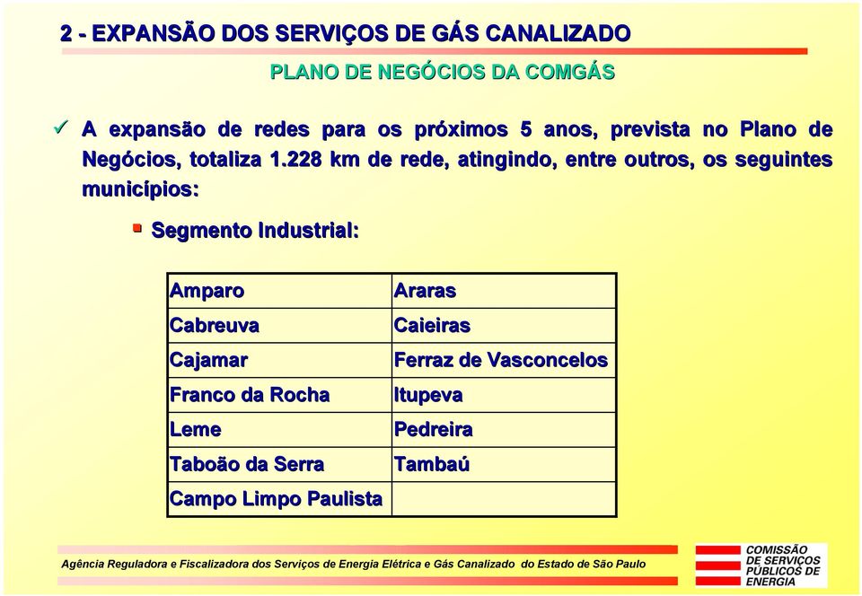 228 km de rede, atingindo, entre outros, os seguintes municípios: Segmento Industrial: Amparo