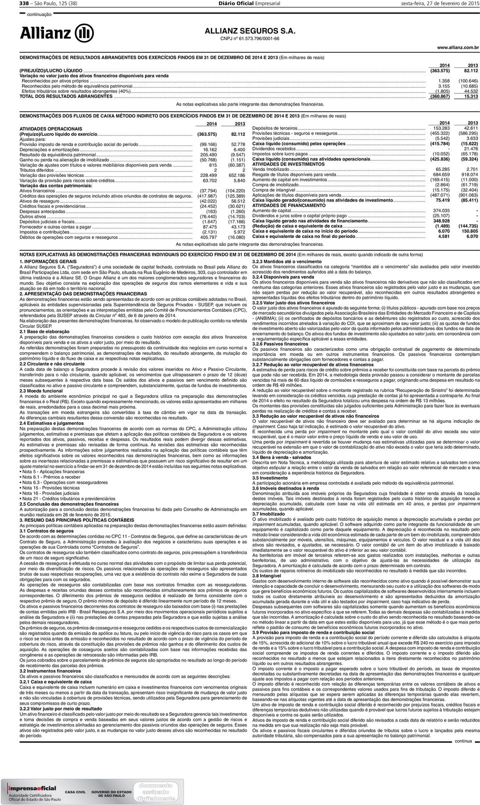 646) Reconhecidos pelo método de equivalência patrimonial... 3.155 (10.685) Efeitos tributários sobre resultados abrangentes (40%)... (1.805) 44.532 TOTAL DOS RESULTADOS ABRANGENTES... (360.867) 15.