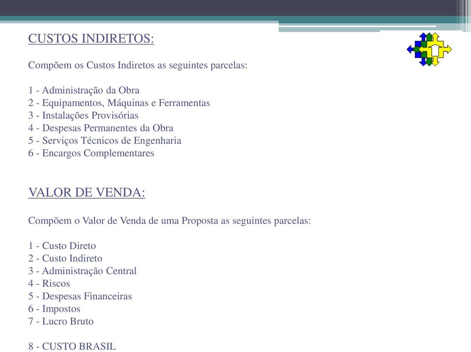 6 - Encargos Complementares VALOR DE VENDA: Compõem o Valor de Venda de uma Proposta as seguintes parcelas: 1 - Custo