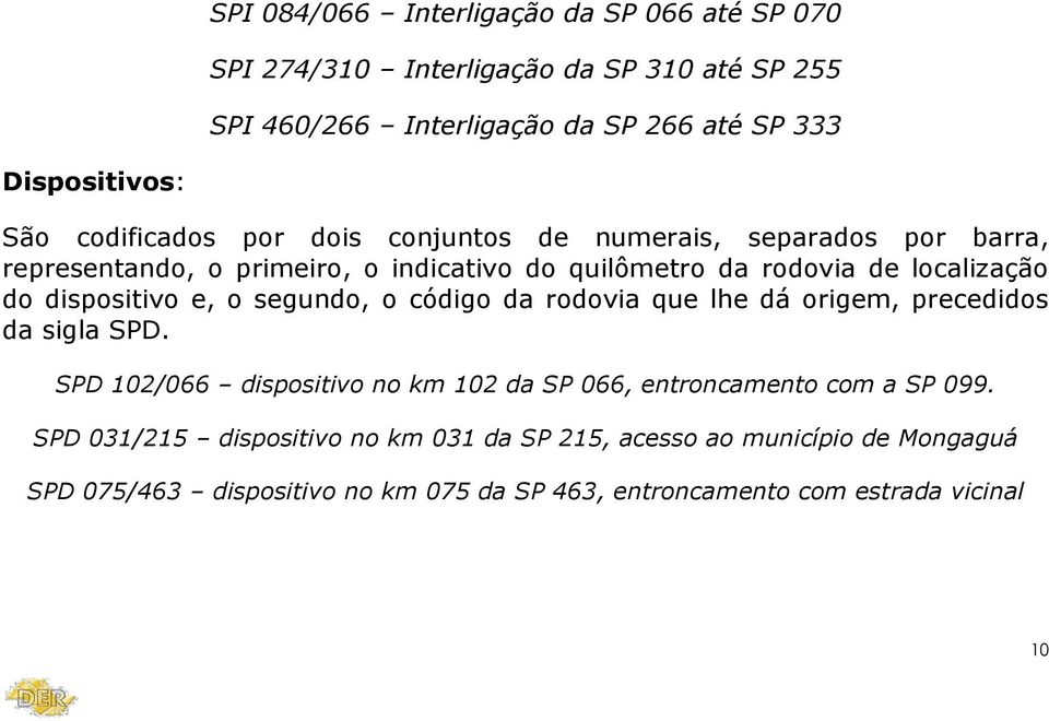 dispositivo e, o segundo, o código da rodovia que lhe dá origem, precedidos da sigla SPD.