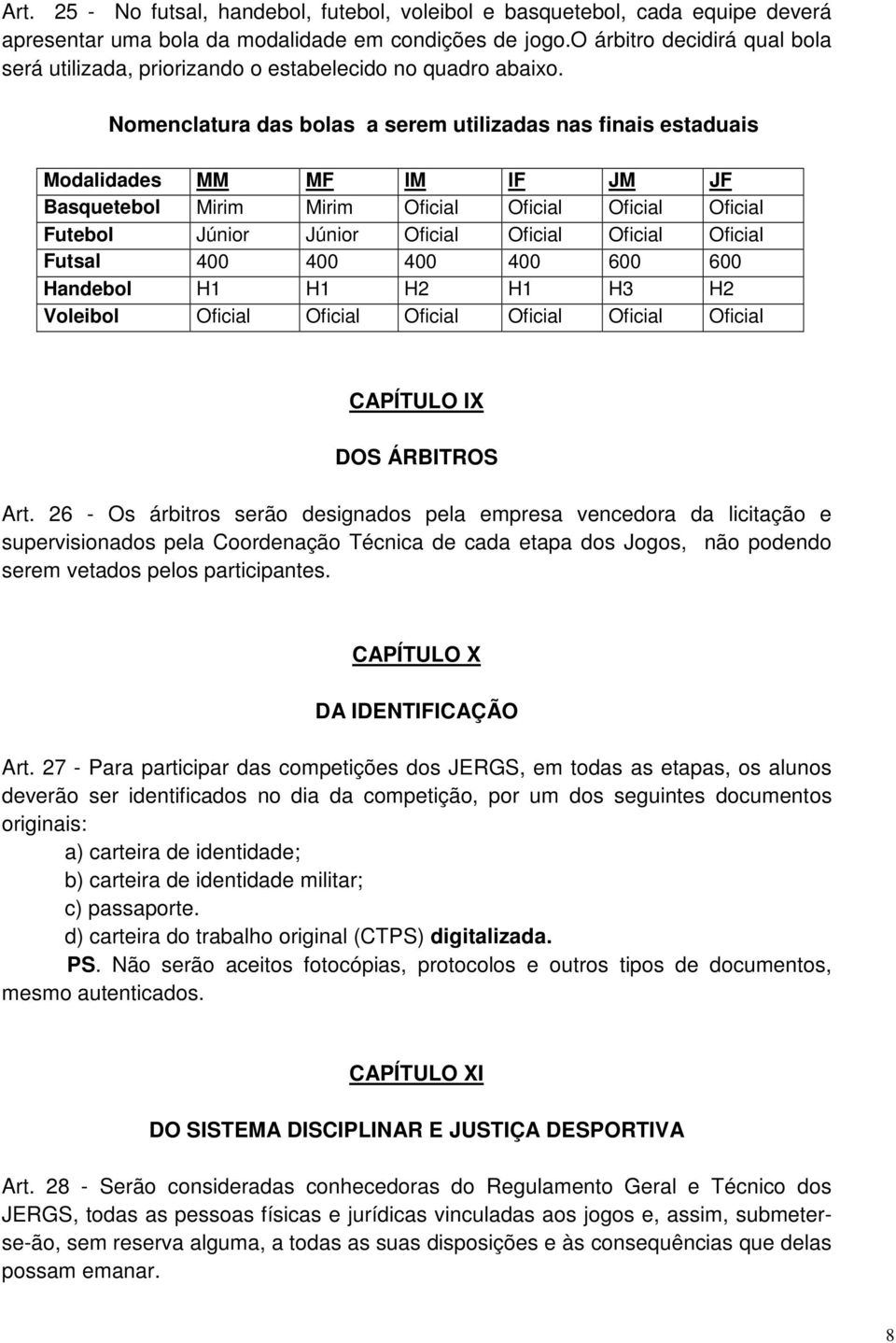 Nomenclatura das bolas a serem utilizadas nas finais estaduais Modalidades MM MF IM IF JM JF Basquetebol Mirim Mirim Oficial Oficial Oficial Oficial Futebol Júnior Júnior Oficial Oficial Oficial