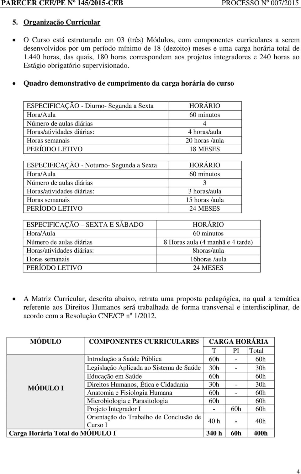 Quadro demonstrativo de cumprimento da carga horária do curso ESPECIFICAÇÃO - Diurno- Segunda a Sexta HORÁRIO Hora/Aula 60 minutos Número de aulas diárias 4 Horas/atividades diárias: 4 horas/aula