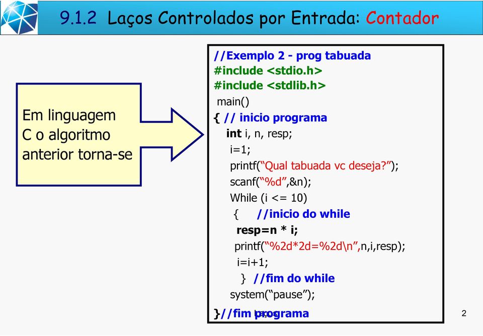 h> main() { // inicio programa int i, n, resp; i=1; printf( Qual tabuada vc deseja?