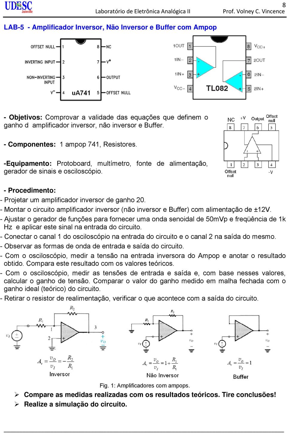 - Montar o circuito amplificador inversor (não inversor e Buffer) com alimentação de ±12V.