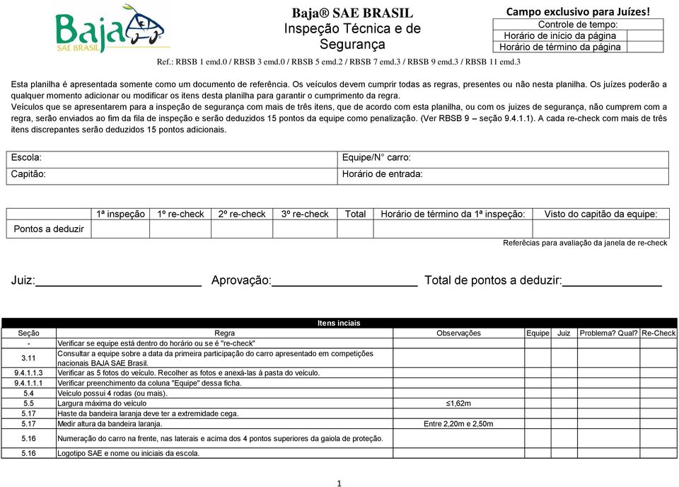 Veículos que se apresentarem para a inspeção de segurança com mais de três itens, que de acordo com esta planilha, ou com os juizes de segurança, não cumprem com a regra, serão enviados ao fim da