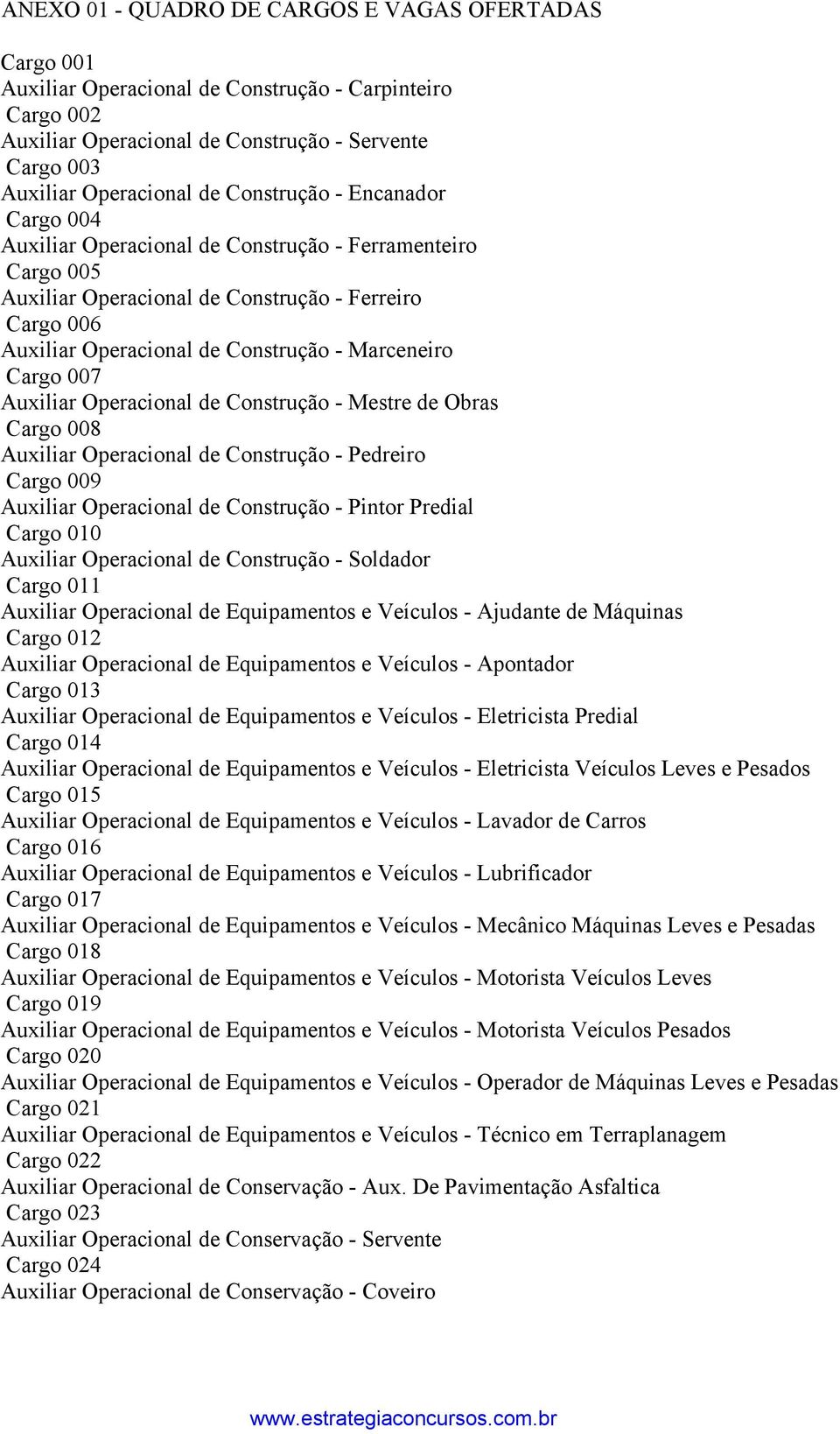 Cargo 007 Auxiliar Operacional de Construção - Mestre de Obras Cargo 008 Auxiliar Operacional de Construção - Pedreiro Cargo 009 Auxiliar Operacional de Construção - Pintor Predial Cargo 010 Auxiliar