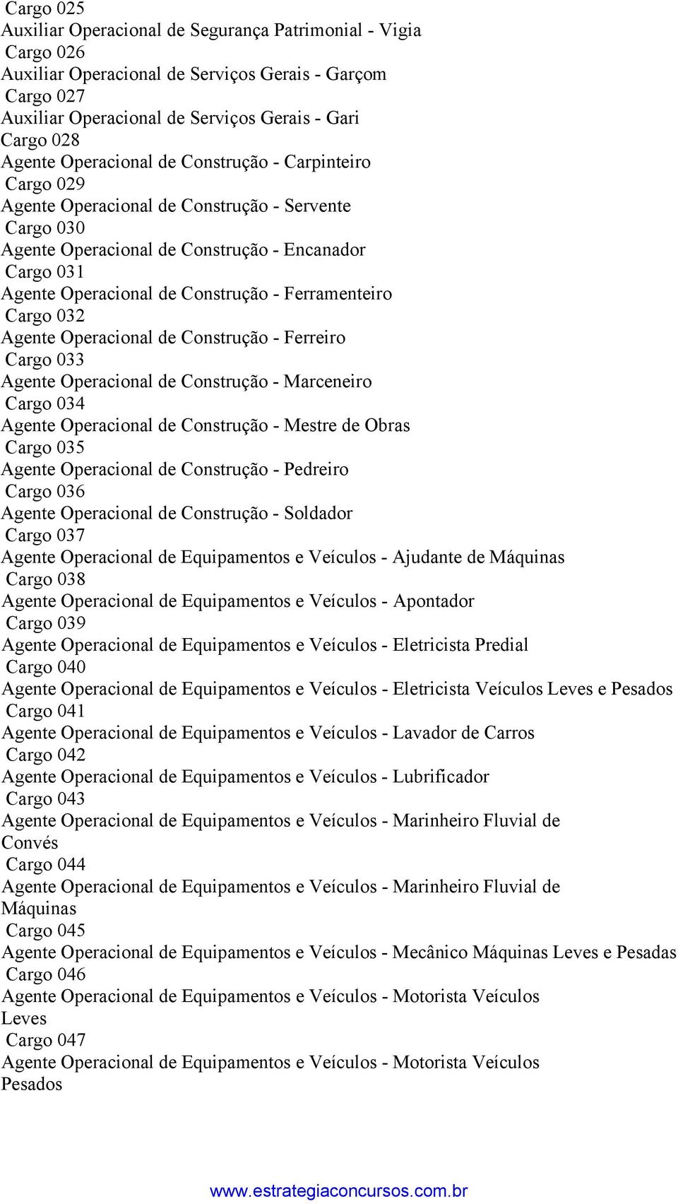 Ferramenteiro Cargo 032 Agente Operacional de Construção - Ferreiro Cargo 033 Agente Operacional de Construção - Marceneiro Cargo 034 Agente Operacional de Construção - Mestre de Obras Cargo 035