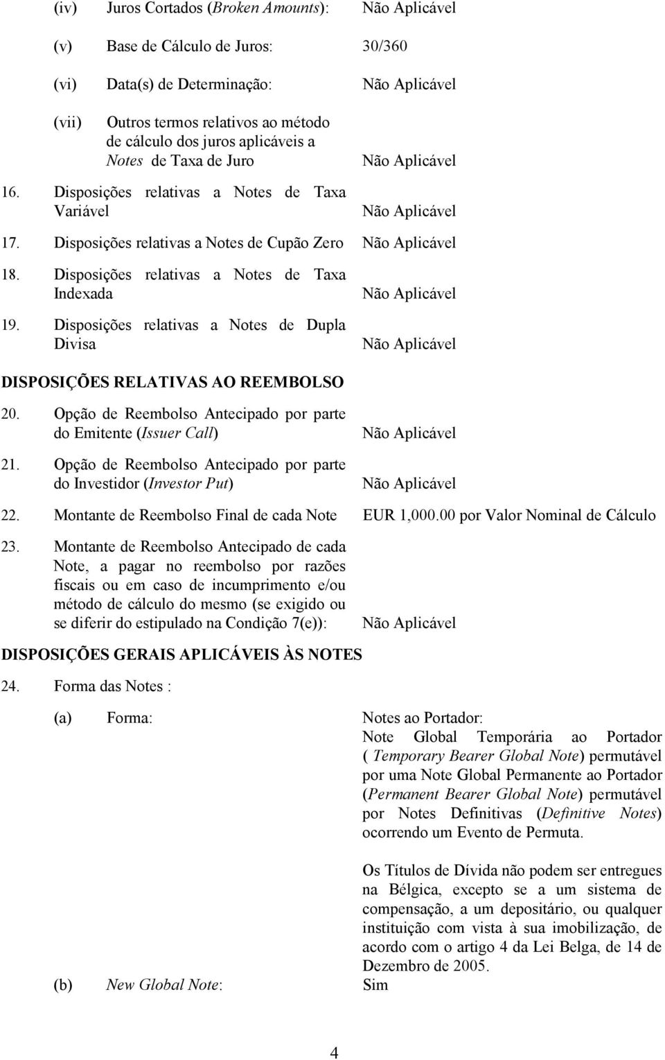 Disposições relativas a Notes de Dupla Divisa DISPOSIÇÕES RELATIVAS AO REEMBOLSO 20. Opção de Reembolso Antecipado por parte do Emitente (Issuer Call) 21.