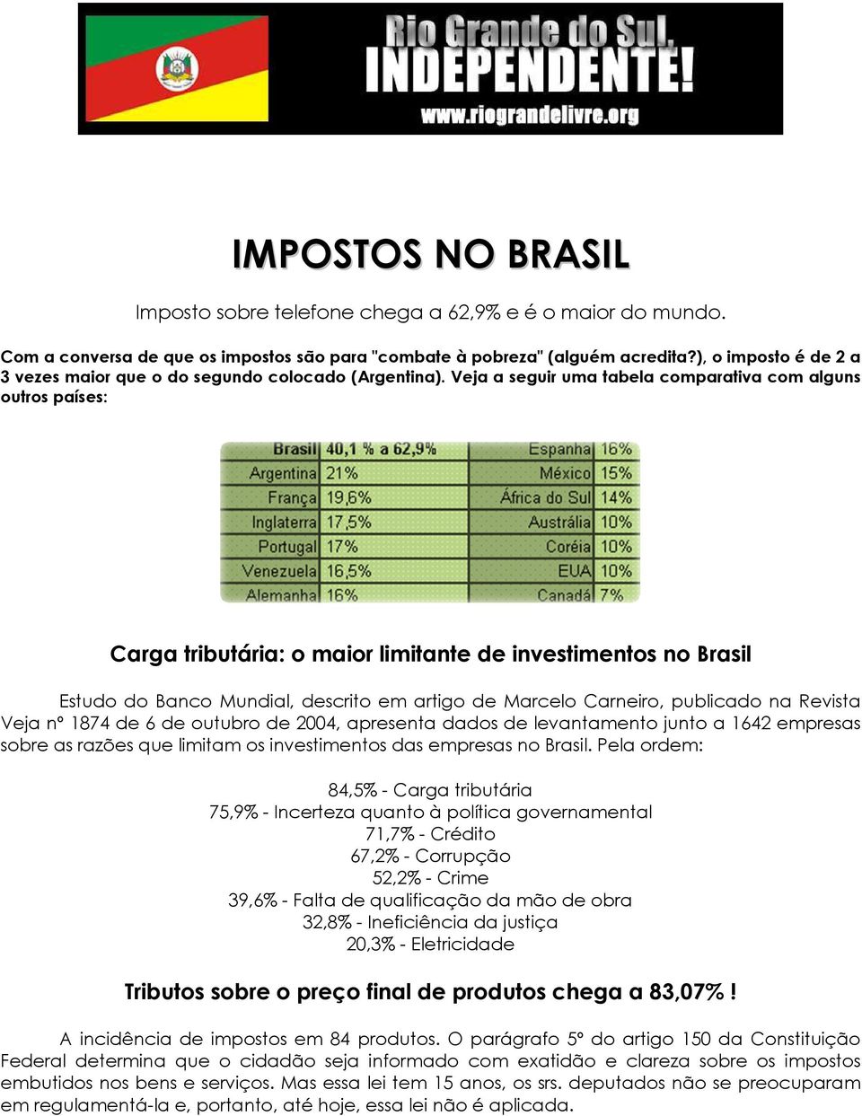 Veja a seguir uma tabela comparativa com alguns outros países: Carga tributária: o maior limitante de investimentos no Brasil Estudo do Banco Mundial, descrito em artigo de Marcelo Carneiro,