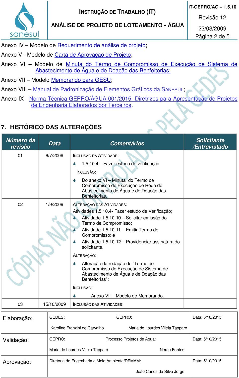 Anexo VII Modelo Memorando para GESU; Anexo VIII Manual de Padronização de Elementos Gráficos da SANESUL; Anexo IX - Norma Técnica /ÁGUA 001/2015- Diretrizes para Apresentação de Projetos de
