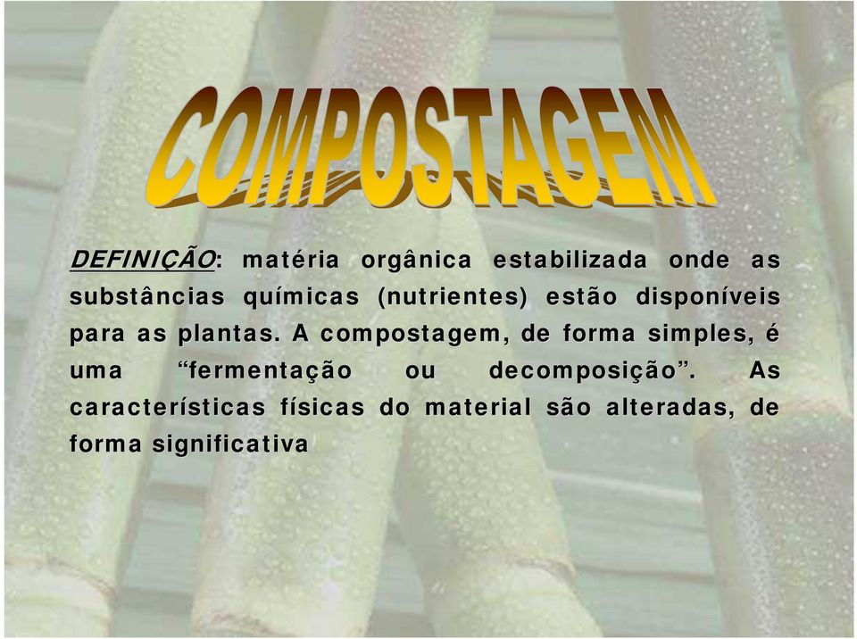 A compostagem,, de forma simples, é uma fermentação ou decomposição