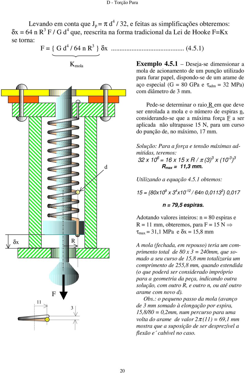 Pede-se determinar o raio R em que deve ser enrolada a mola e o número de espiras n, considerando-se que a máxima força F a ser aplicada não ultrapasse 15 N, para um curso do punção de, no máximo, 17