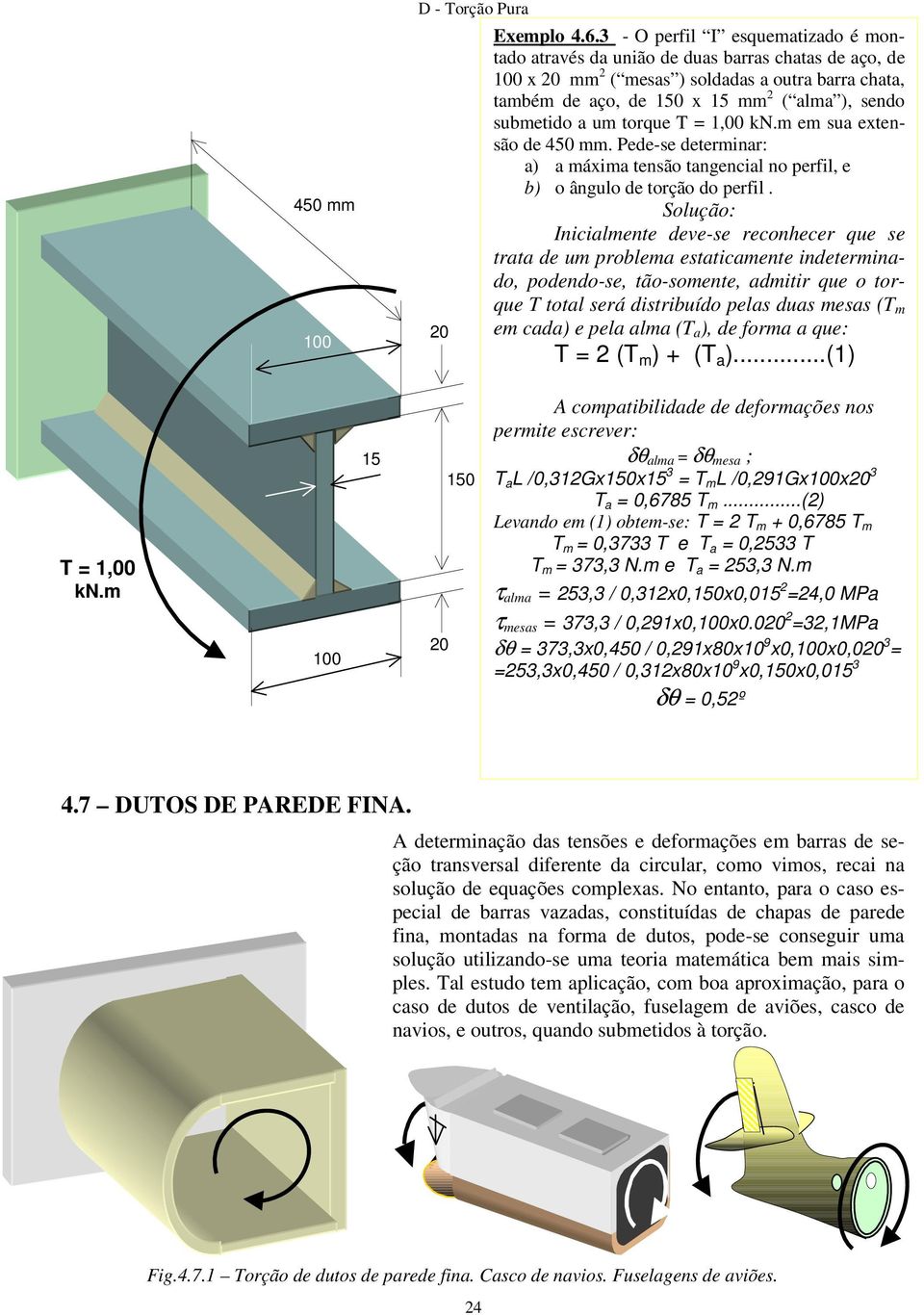 submetido a um torque = 1,00 kn.m em sua extensão de 450 mm. Pede-se determinar: a) a máxima tensão tangencial no perfil, e b) o ângulo de torção do perfil.