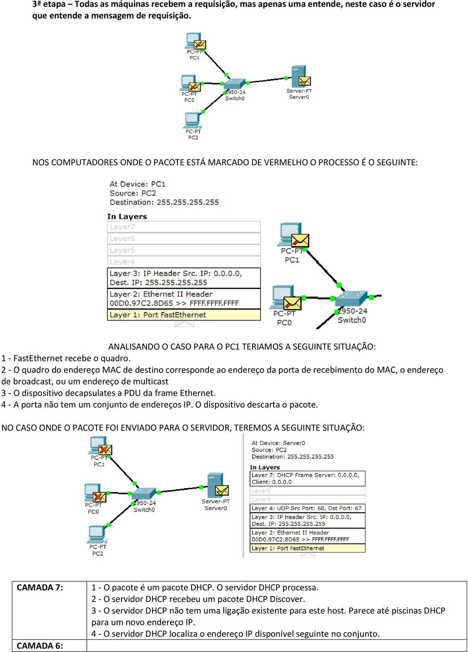 2 - O quadro do endereço MAC de destino corresponde ao endereço da porta de recebimento do MAC, o endereço de broadcast, ou um endereço de multicast 3 - O dispositivo decapsulates a PDU da frame