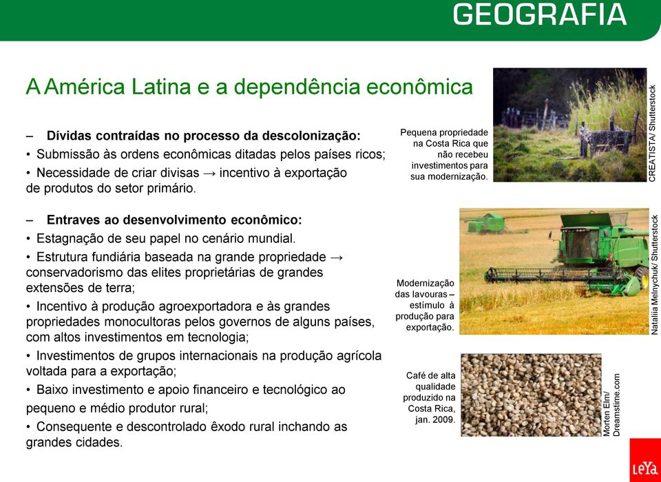 países ricos; Necessidade de criar divisas incentivo à exportação de produtos do setor primário. Pequena propriedade na Costa Rica que não recebeu investimentos para sua modernização.