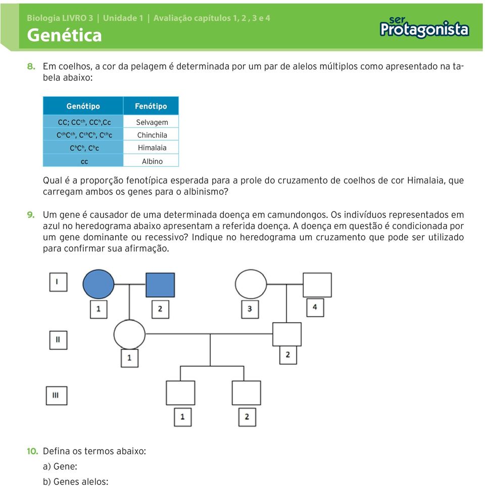 albinismo? 9. Um gene é causador de uma determinada doença em camundongos. Os indivíduos representados em azul no heredograma abaixo apresentam a referida doença.