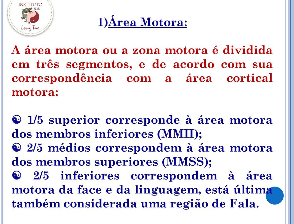 inferiores (MMII); 2/5 médios correspondem à área motora dos membros superiores (MMSS); 2/5