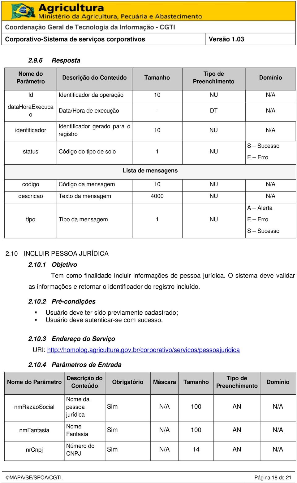 O sistema deve validar as informações e retornar o identificador do registro incluído. 2.10.2 Pré-condições Usuário deve ter sido previamente cadastrado; Usuário deve autenticar-se com sucesso. 2.10.3 Endereço do Serviço URI: http://homolog.