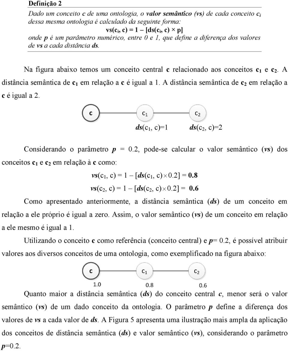 A distância semântica de c 1 em relação a c é igual a 1. A distância semântica de c 2 em relação a c é igual a 2. ds(c 1, c)=1 ds(c 2, c)=2 Considerando o parâmetro p = 0.