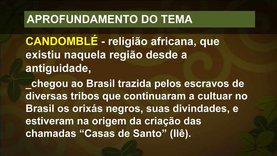 tribos que continuaram a cultuar no Brasil os orixás negros, suas