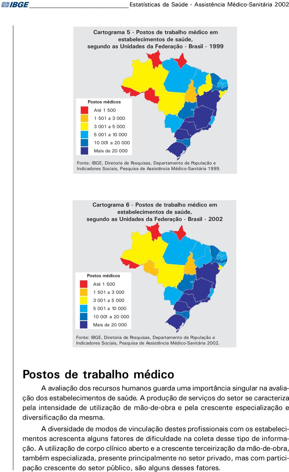 Cartograma 6 - Postos de trabalho médico em estabelecimentos de saúde, segundo as Unidades da Federação - Brasil - 22 Postos médicos Até 1 5 1 51 a 3 3 1 a 5 5 1 a 1 1 1 a 2 Mais de 2 Fonte: IBGE,