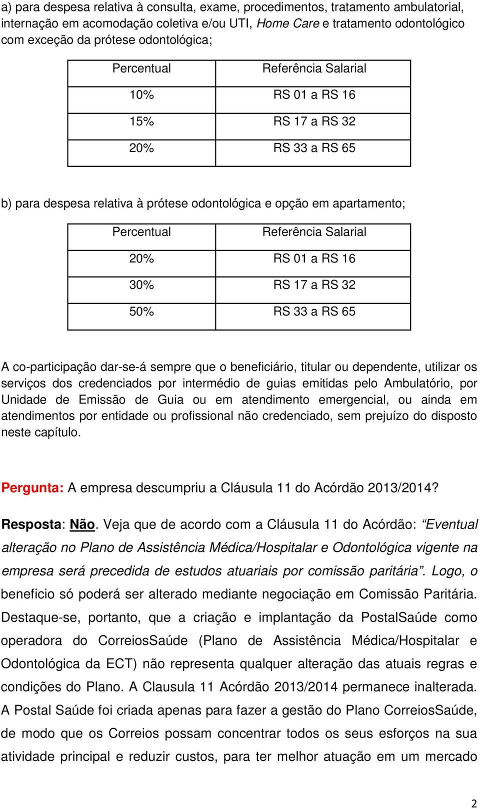 Salarial 20% RS 01 a RS 16 30% RS 17 a RS 32 50% RS 33 a RS 65 A co-participação dar-se-á sempre que o beneficiário, titular ou dependente, utilizar os serviços dos credenciados por intermédio de