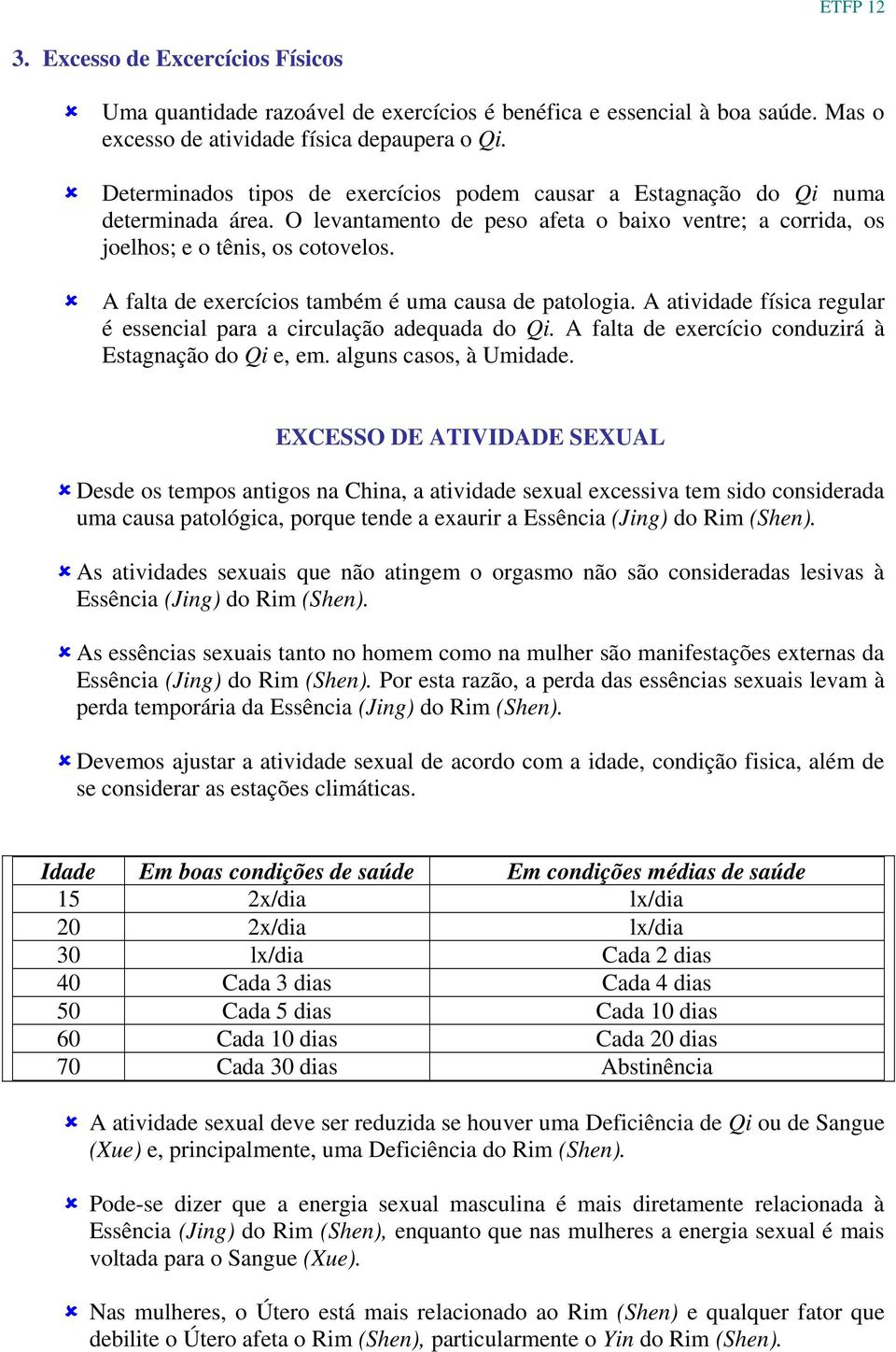 A falta de exercícios também é uma causa de patologia. A atividade física regular é essencial para a circulação adequada do Qi. A falta de exercício conduzirá à Estagnação do Qi e, em.