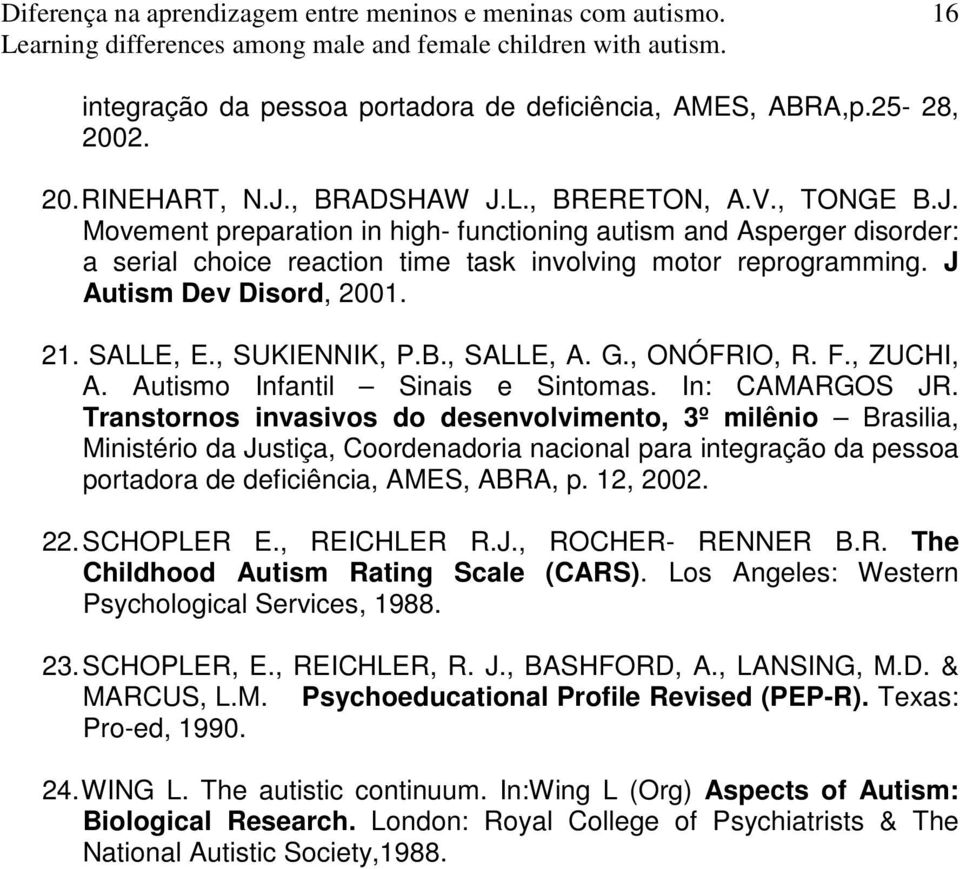 J Autism Dev Disord, 2001. 21. SALLE, E., SUKIENNIK, P.B., SALLE, A. G., ONÓFRIO, R. F., ZUCHI, A. Autismo Infantil Sinais e Sintomas. In: CAMARGOS JR.