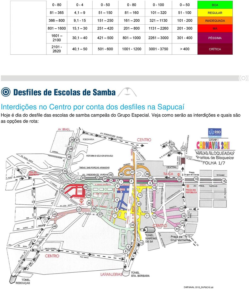 3000 301-400 PÉSSIMA 40,1 50 501-600 1001-1200 3001-3750 > 400 CRÍTICA Interdições no Centro por conta dos desfiles na Sapucaí