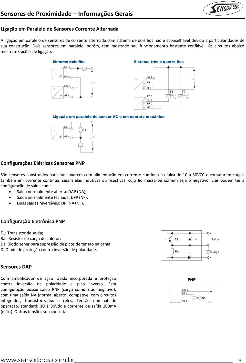 Configurações Elétricas Sensores PNP São sensores construídos para funcionarem com alimentação em corrente contínua na faixa de 10 à 30VCC e comutarem cargas também em corrente contínua, sejam elas
