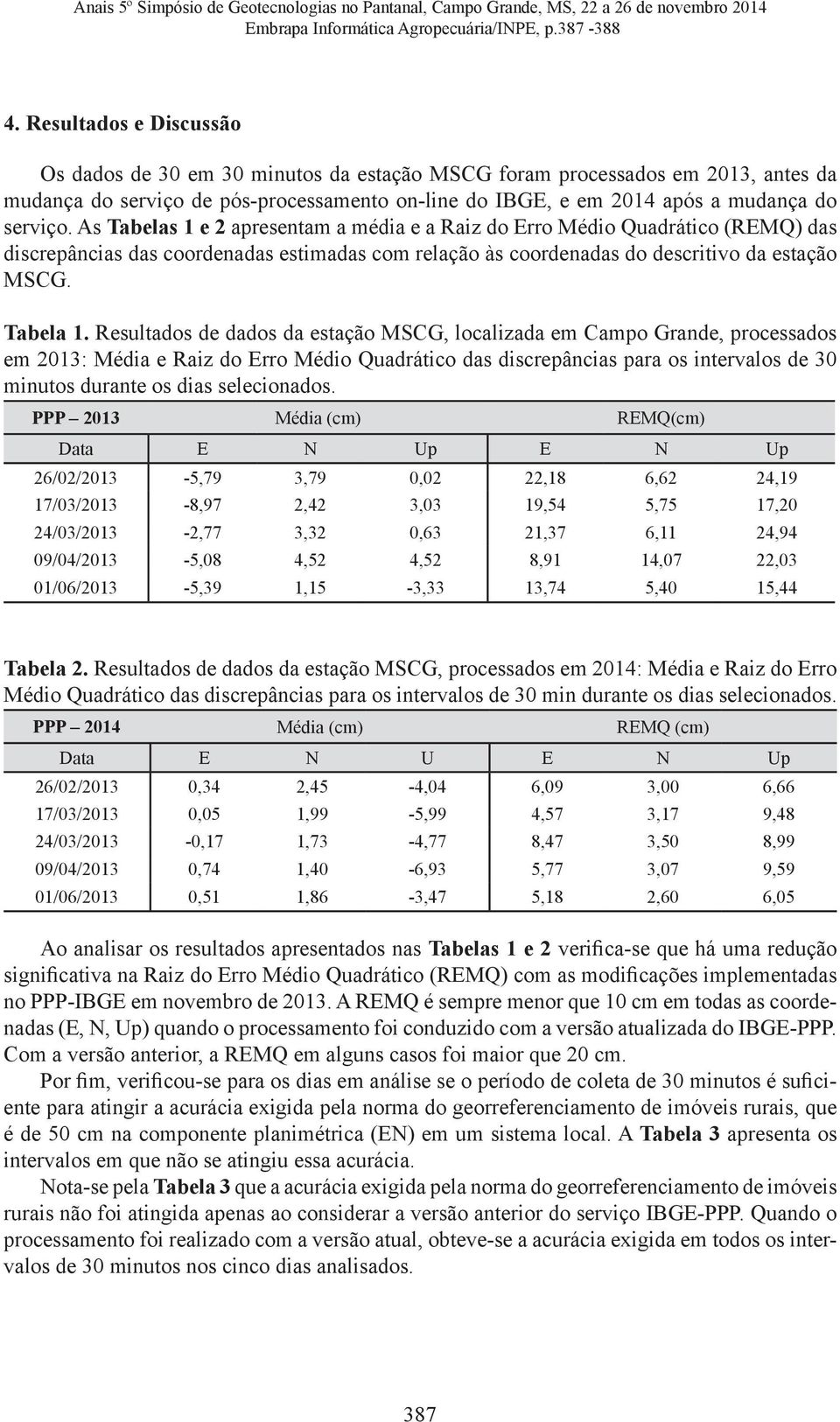 As Tabelas 1 e 2 apresentam a média e a Raiz do Erro Médio Quadrático (REMQ) das discrepâncias das coordenadas estimadas com relação às coordenadas do descritivo da estação MSCG. Tabela 1.