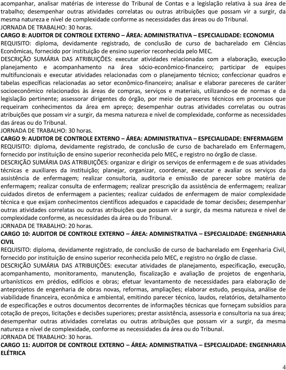 CARGO 8: AUDITOR DE CONTROLE EXTERNO ÁREA: ADMINISTRATIVA ESPECIALIDADE: ECONOMIA REQUISITO: diploma, devidamente registrado, de conclusão de curso de bacharelado em Ciências Econômicas, fornecido