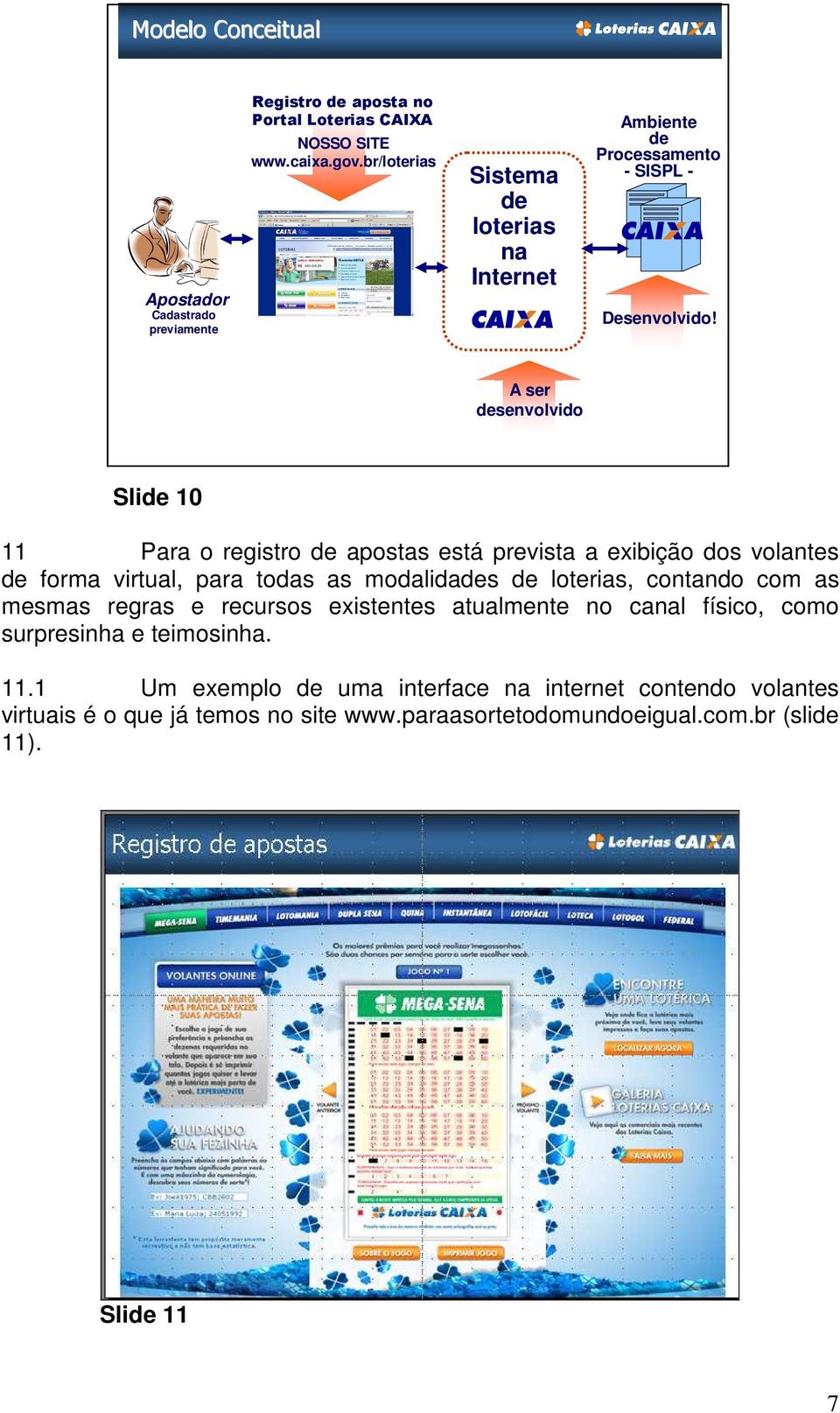 A ser desenvolvido Slide 10 11 Para o registro de apostas está prevista a exibição dos volantes de forma virtual, para todas as modalidades de loterias,