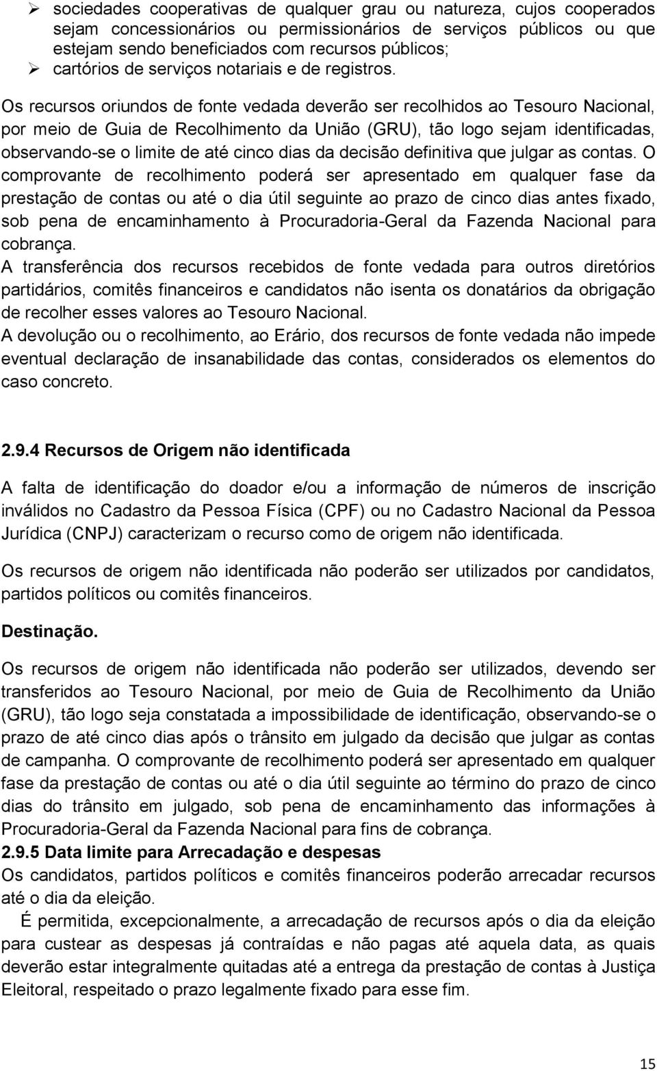 Os recursos oriundos de fonte vedada deverão ser recolhidos ao Tesouro Nacional, por meio de Guia de Recolhimento da União (GRU), tão logo sejam identificadas, observando-se o limite de até cinco