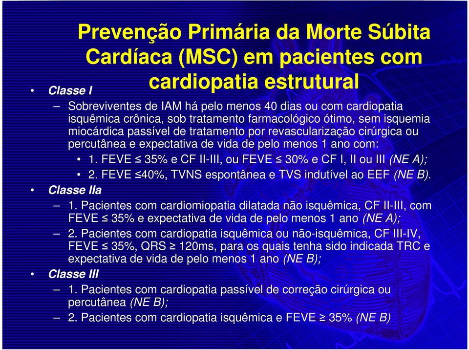 FEVE 35% e CF II-III, ou FEVE 30% e CF I, II ou III (NE A); 2. FEVE 40%, TVNS espontânea e TVS indutível ao EEF (NE B). Classe IIa 1.