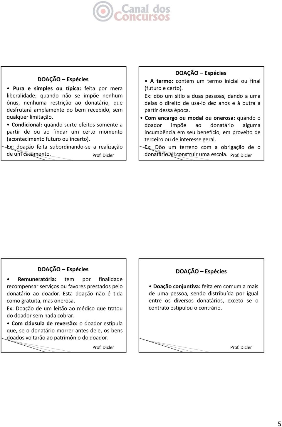 DOAÇÃO Espécies Atermo:contém um termo inicial ou final (futuro e certo). Ex: dôo um sítio a duas pessoas, dando a uma delas o direito de usá lo dez anos e à outra a partir dessa época.